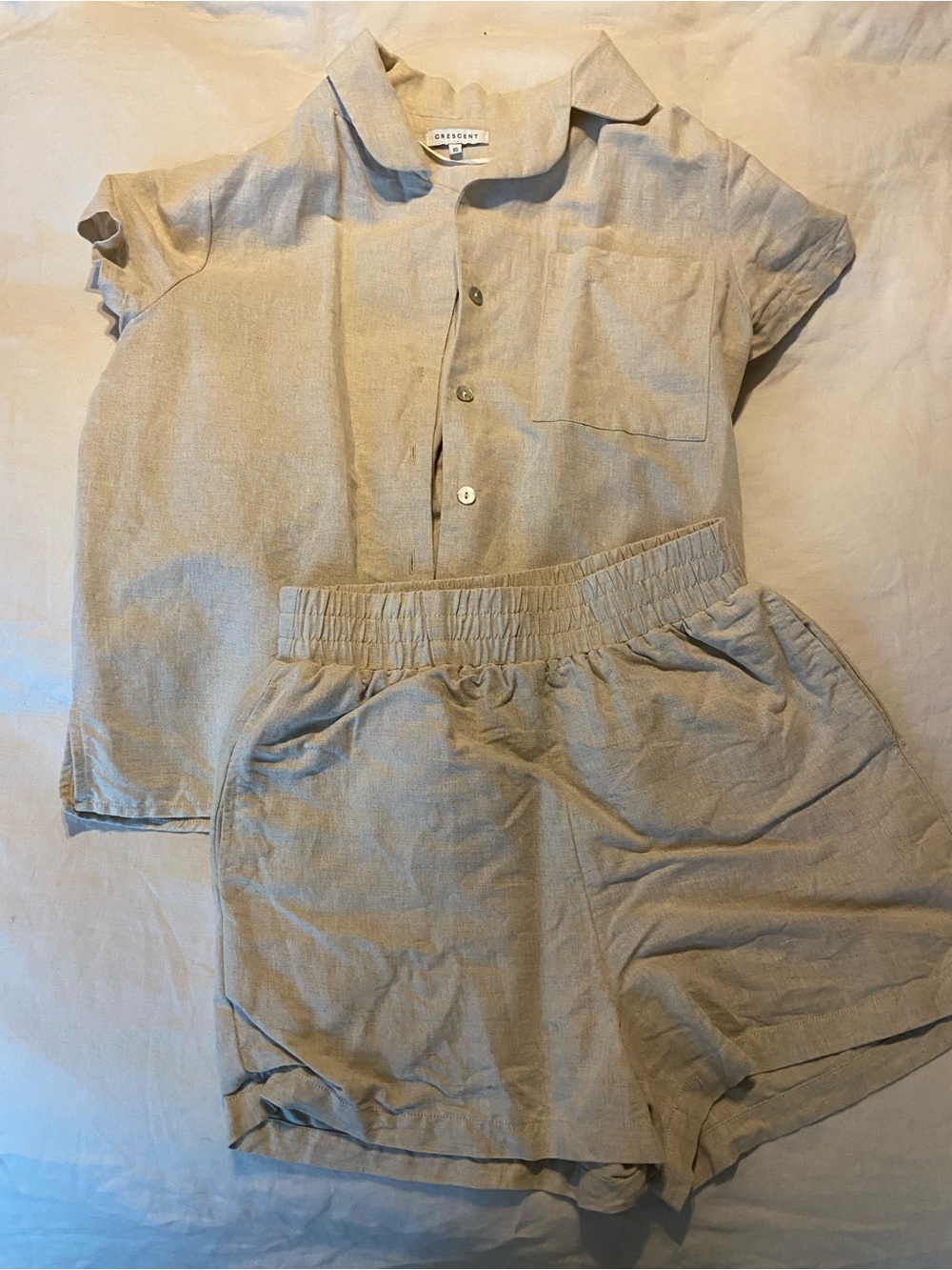 Crescent Linen-Blend Elastic Waist Short Set - Beige